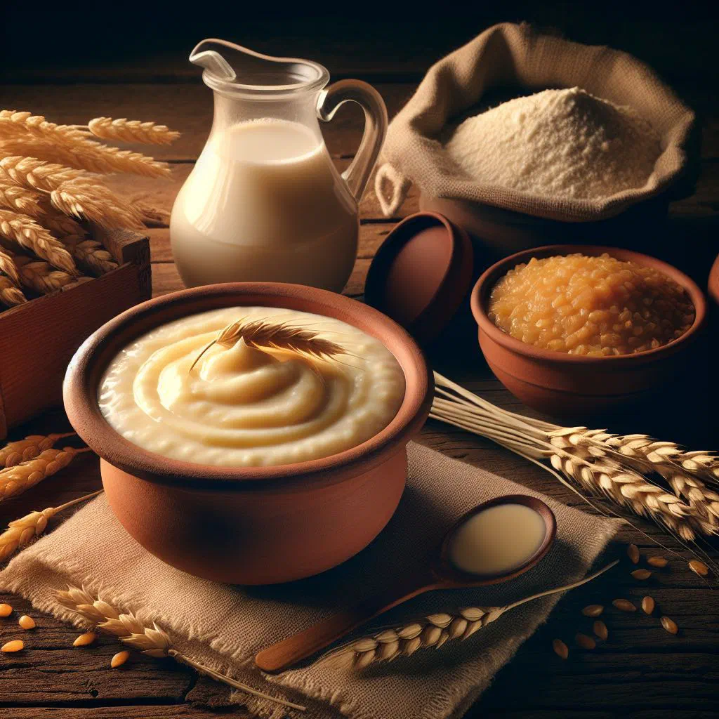 Bowl of creamy Paraguayan mazamorra de trigo dusted with cinnamon