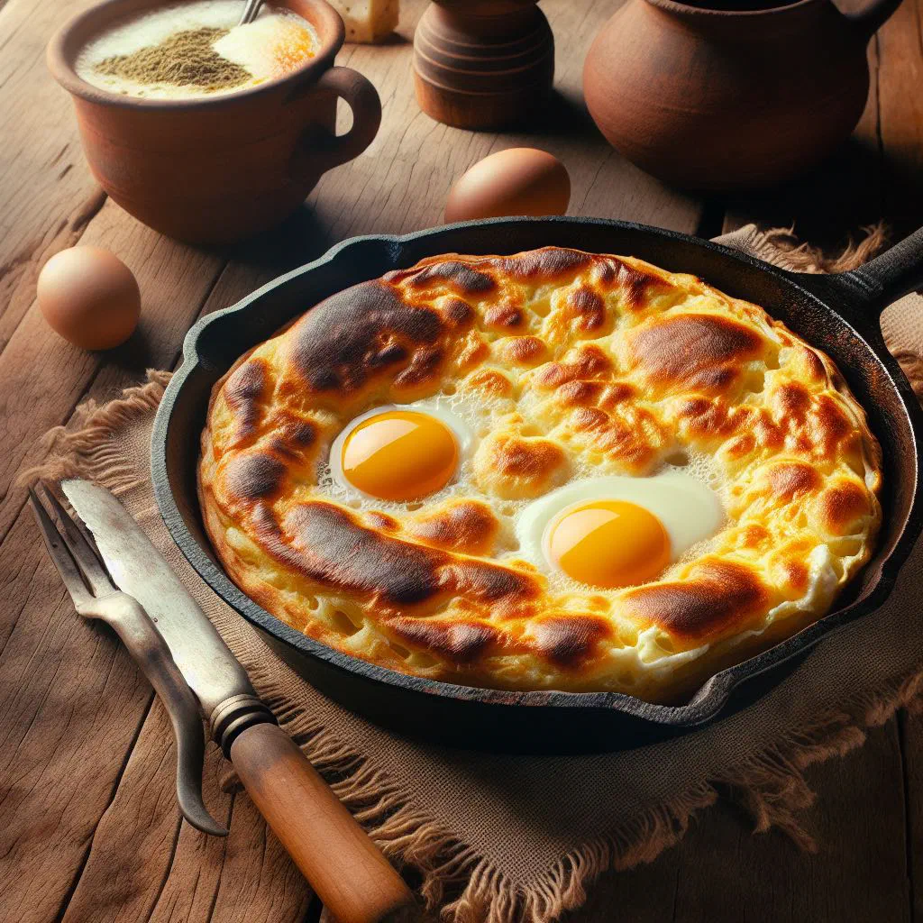 Golden pan-cooked mbejú cassava-and-cheese cake, sliced and ready to serve