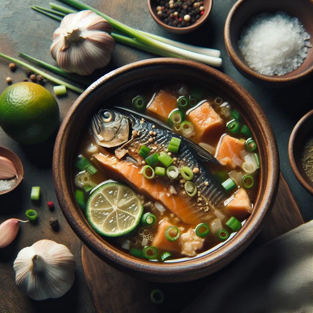 Bowl of Paraguayan pira caldo fish soup garnished with fresh herbs