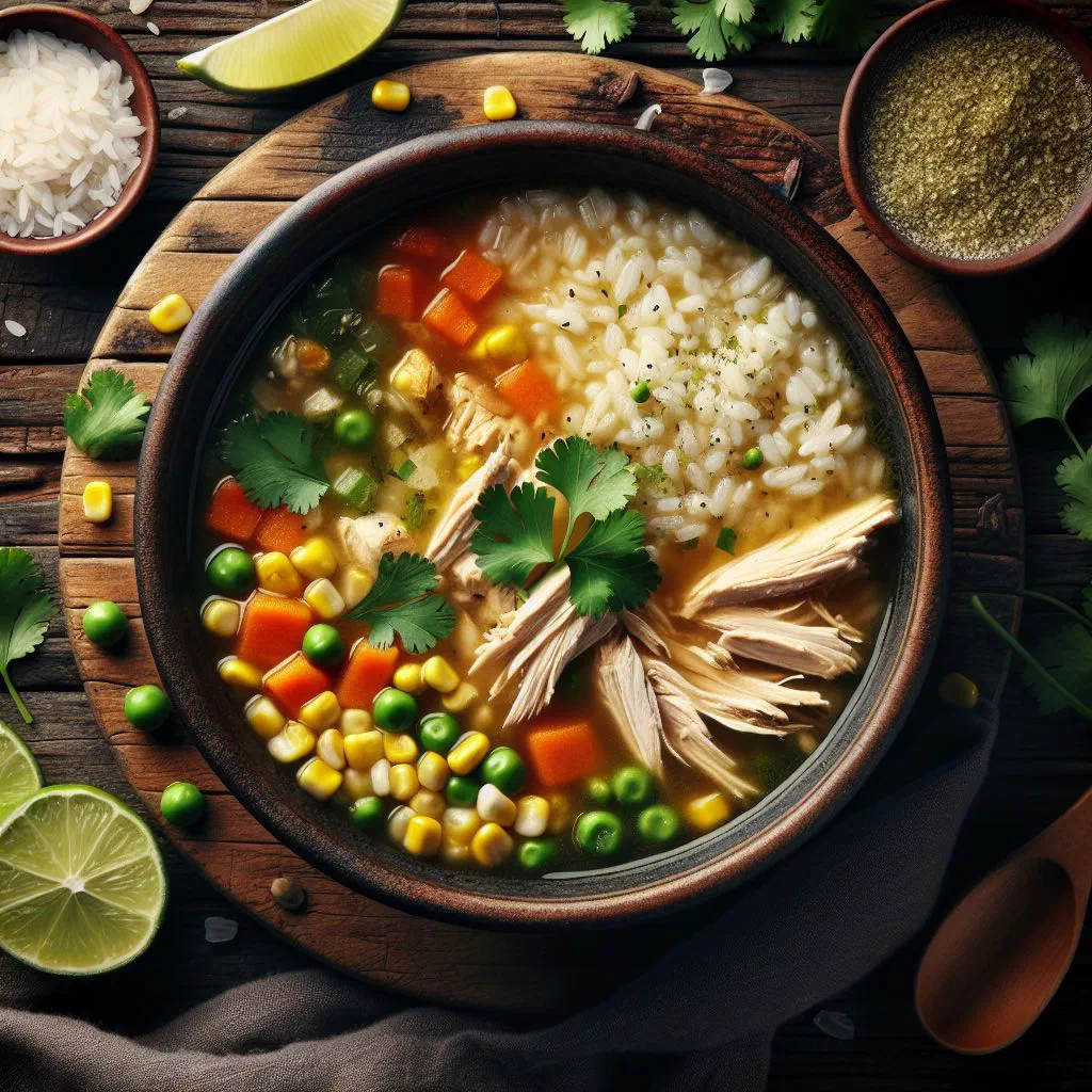 A bowl of Paraguayan sopa de arroz with rice, vegetables and fresh herbs
