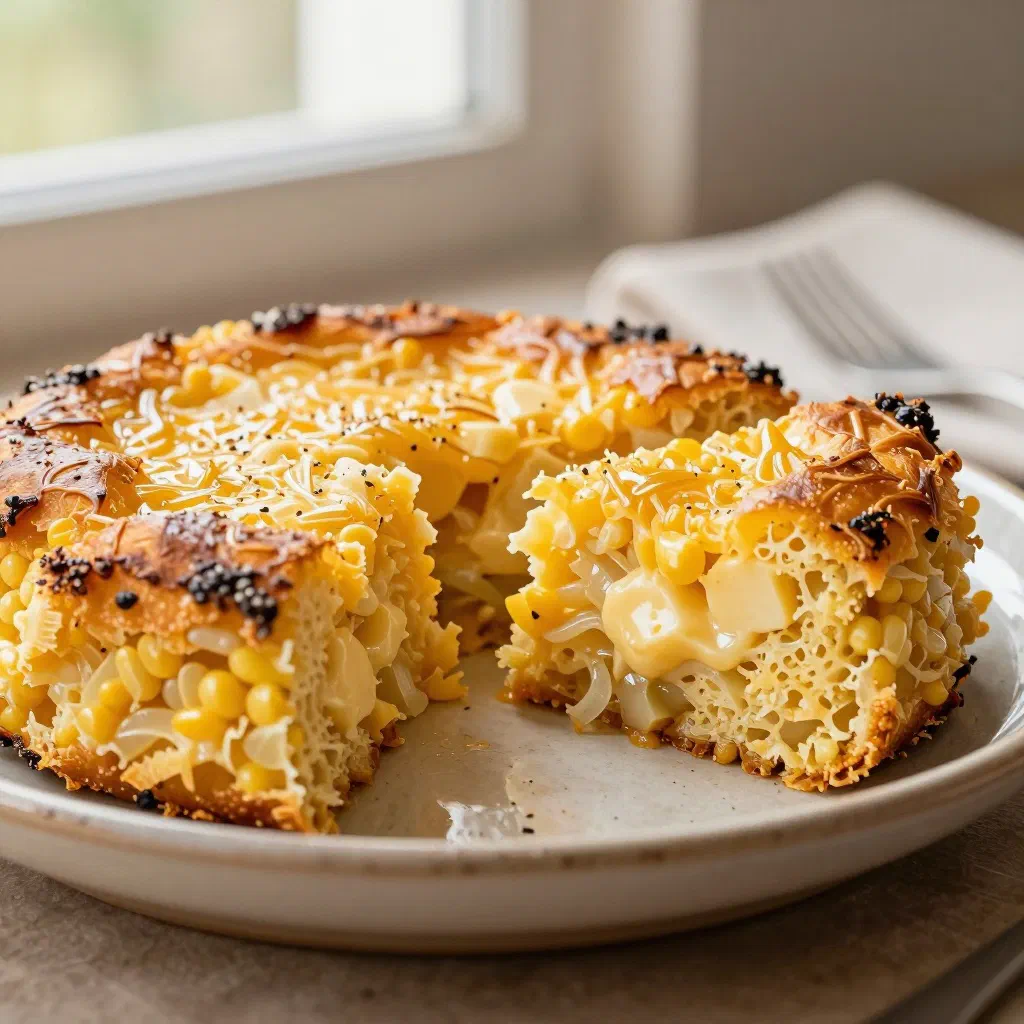 Golden squares of Sopa Paraguaya cheese cornbread on a rustic board