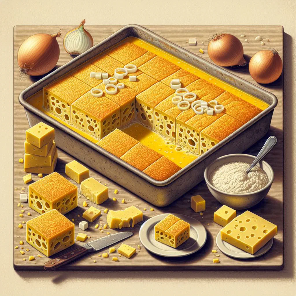 Golden squares of Sopa Paraguaya cheese cornbread on a rustic board