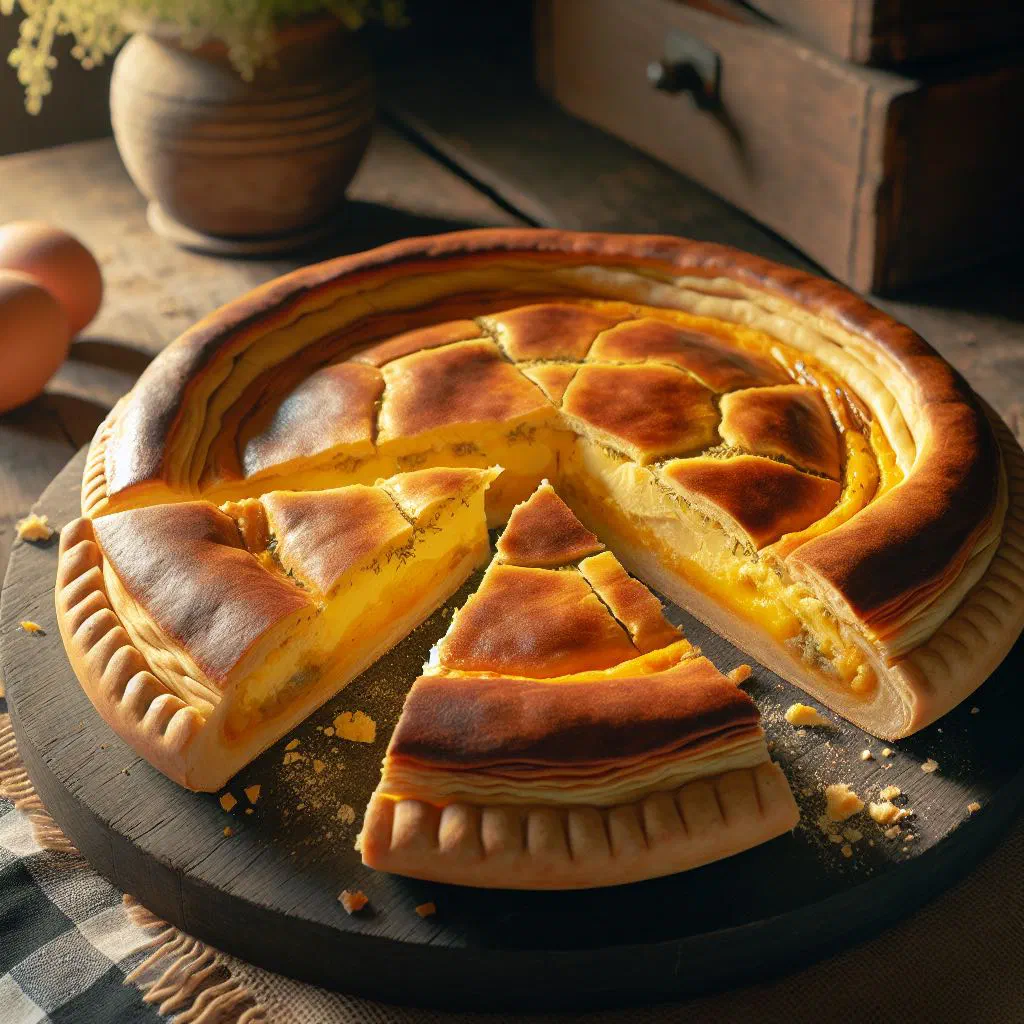 Golden slice of Torta Paraguaya corn cake on a rustic board