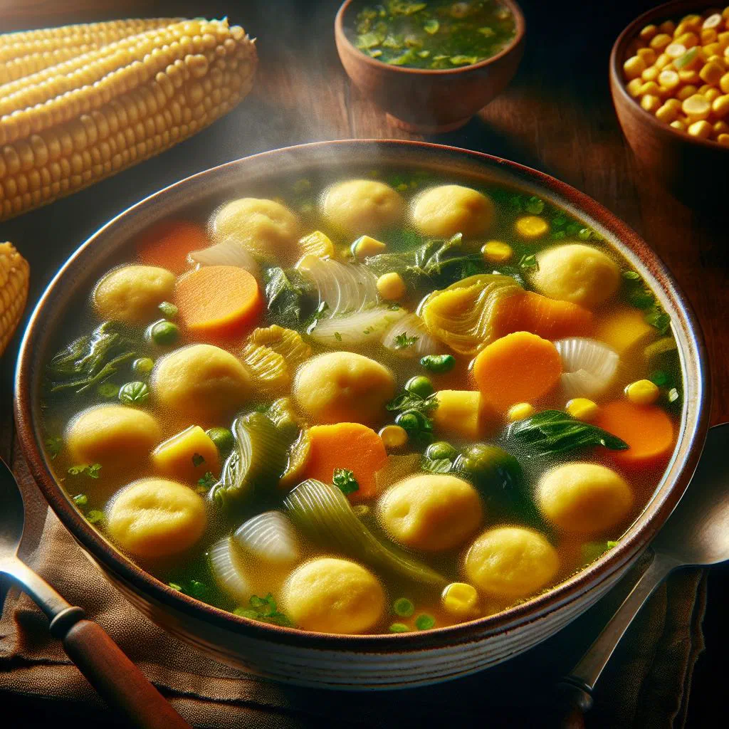 Bowl of Paraguayan vori vori vegetable soup with cornmeal dumplings and fresh herbs