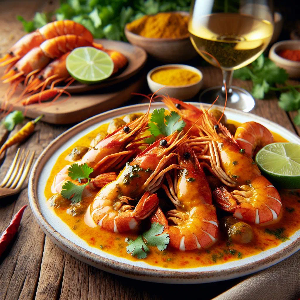 Peruvian ají de langostinos with prawns in a creamy chilli sauce served with rice