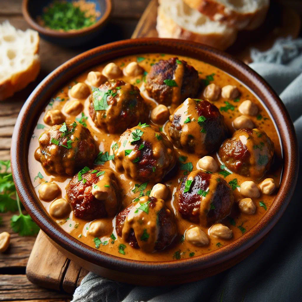 Peruvian meatballs in creamy peanut sauce garnished with parsley