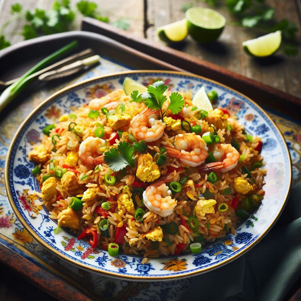 Peruvian arroz chaufa fried rice with chicken, egg and spring onions