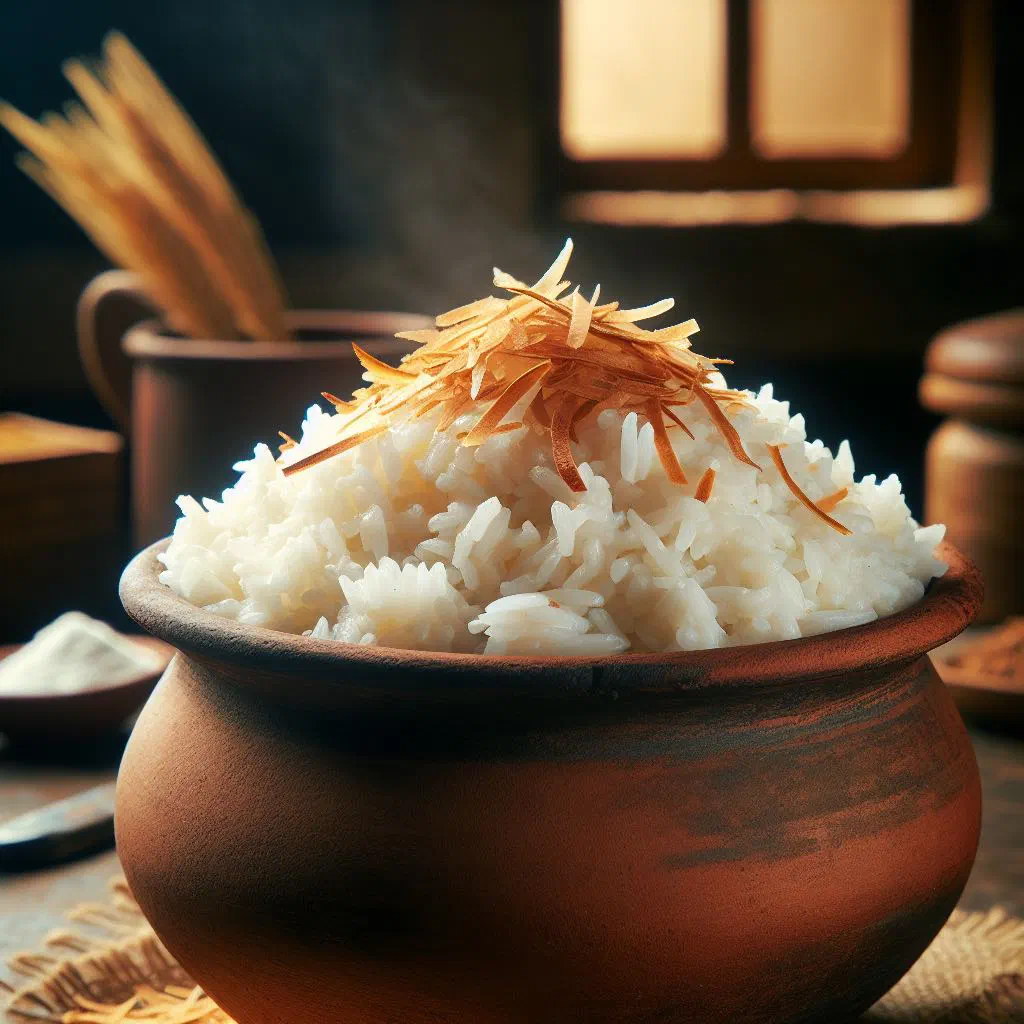 Bowl of creamy coconut rice topped with fresh tropical fruit