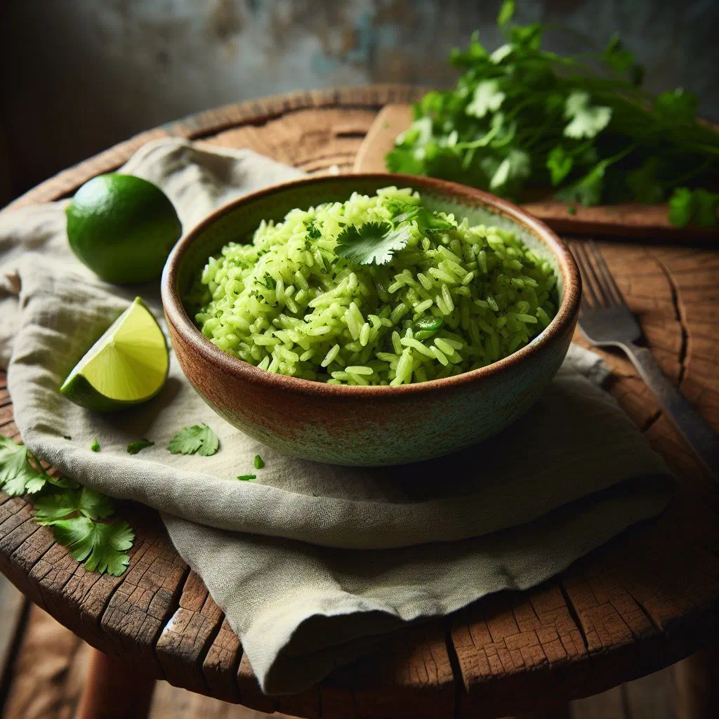Vibrant green Peruvian arroz verde served in a bowl with fresh herbs
