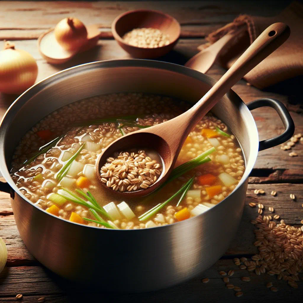 Bowl of Peruvian barley soup with carrot and fresh herbs