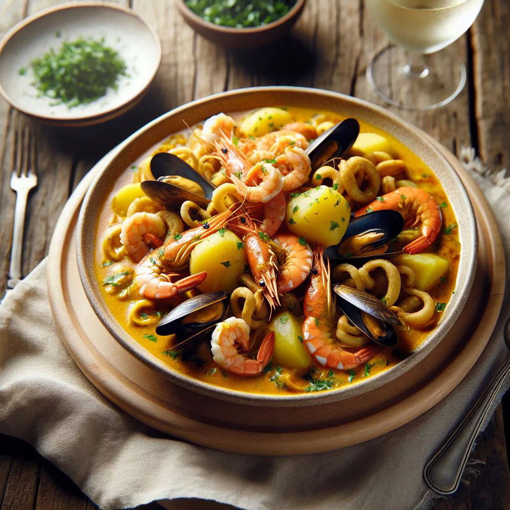 Peruvian cau cau de mariscos, a creamy seafood and potato stew garnished with coriander