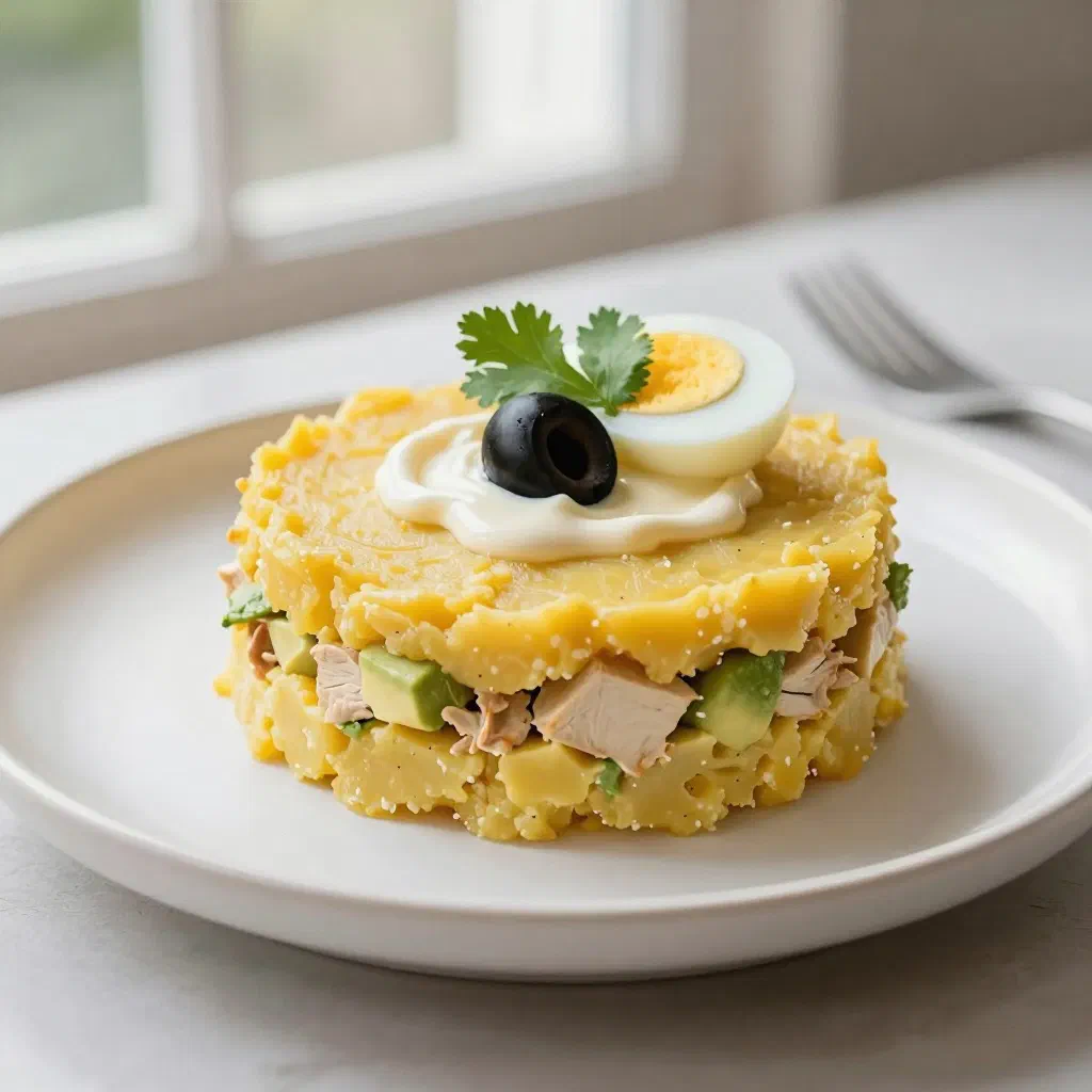 Layered Peruvian causa limeña with mashed potato, tuna filling and avocado