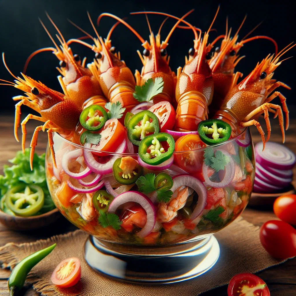 Prawn ceviche with red onion, avocado and fresh coriander