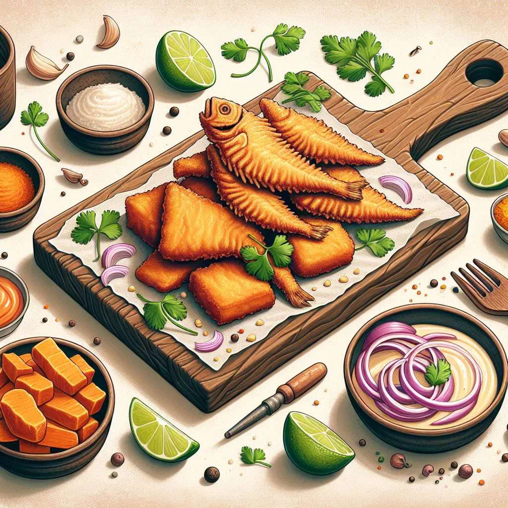 Golden fried fish pieces garnished with fresh coriander and lime