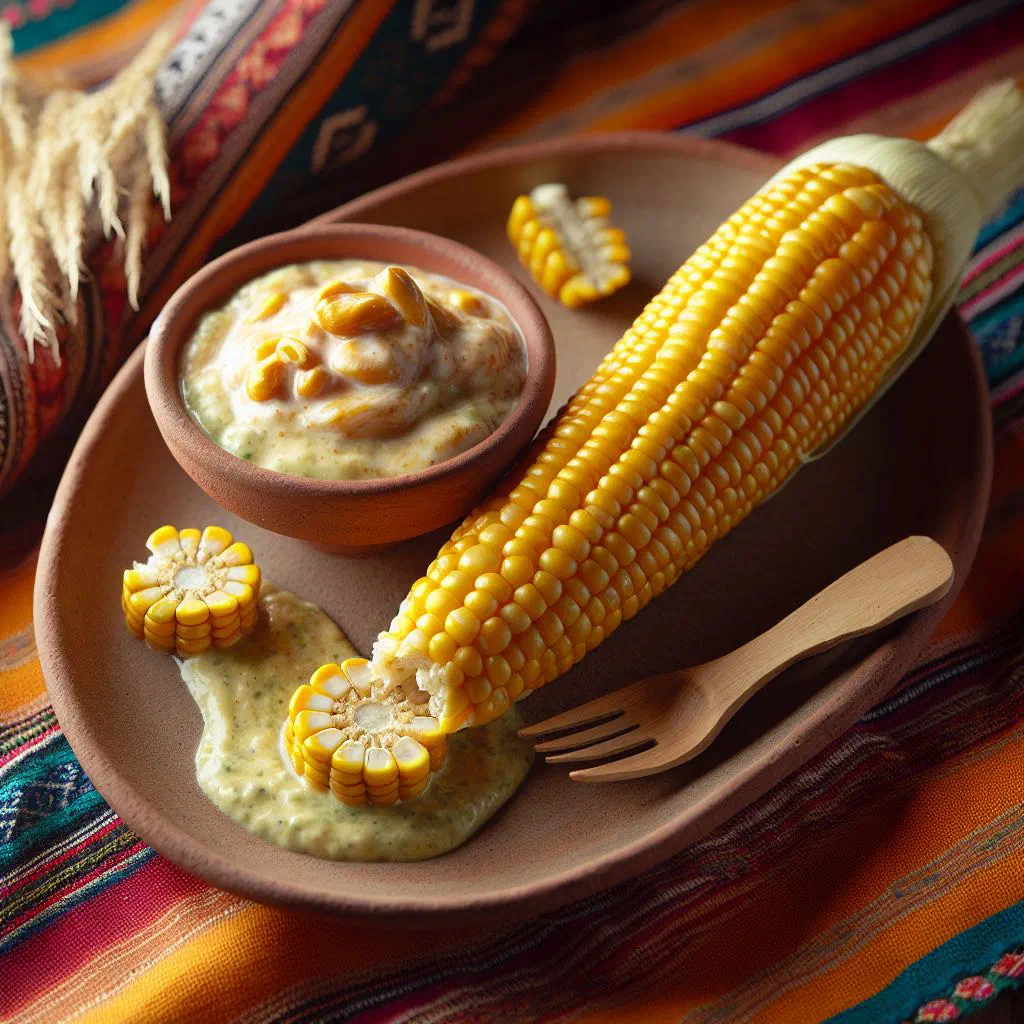 Tender corn kernels topped with a creamy peanut ocopa sauce and fresh coriander