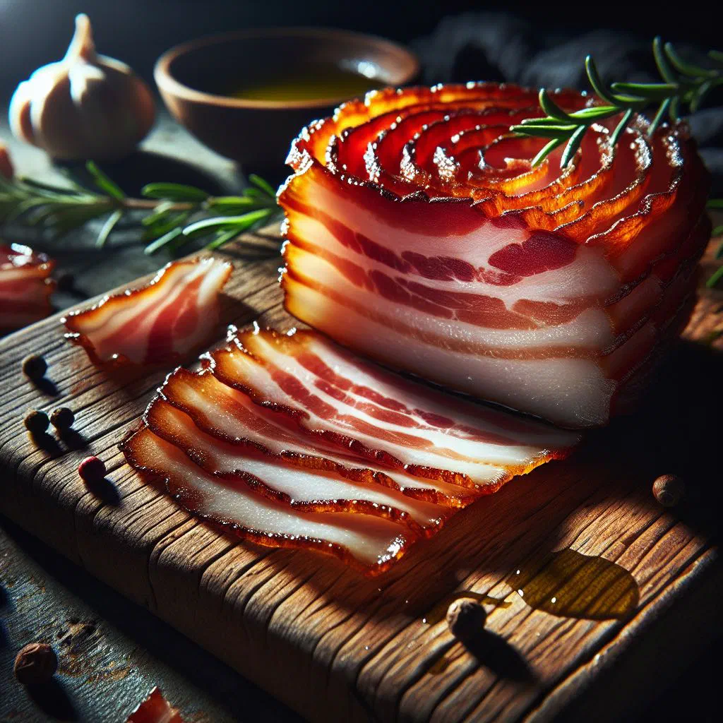 Sliced crispy pork belly with golden crackling on a rustic wooden board