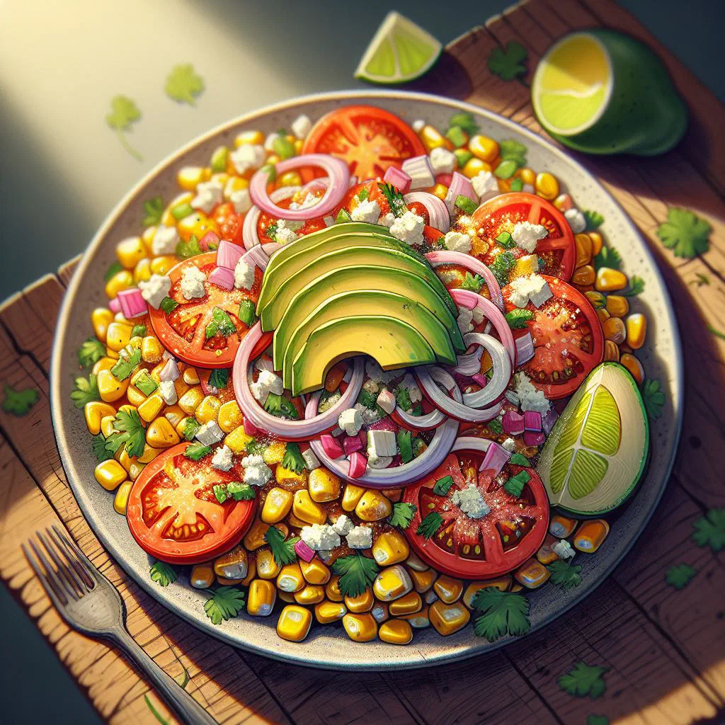 Peruvian corn salad with crumbled fresh cheese, coriander and lime