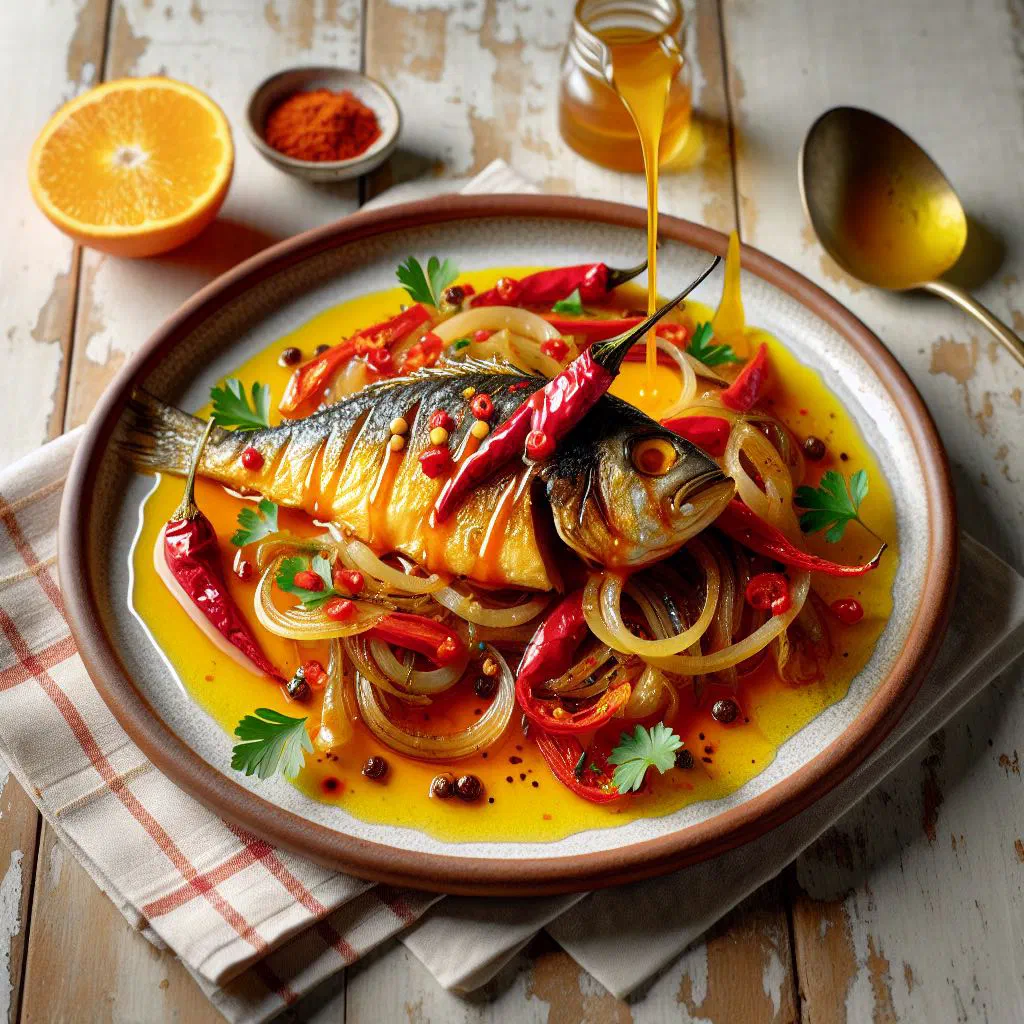 Marinated fish with onion rings and carrots garnished with parsley