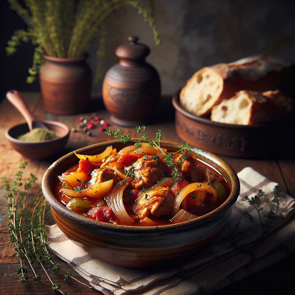 Peruvian chicken stew in a rich tomato sauce with carrots and peppers