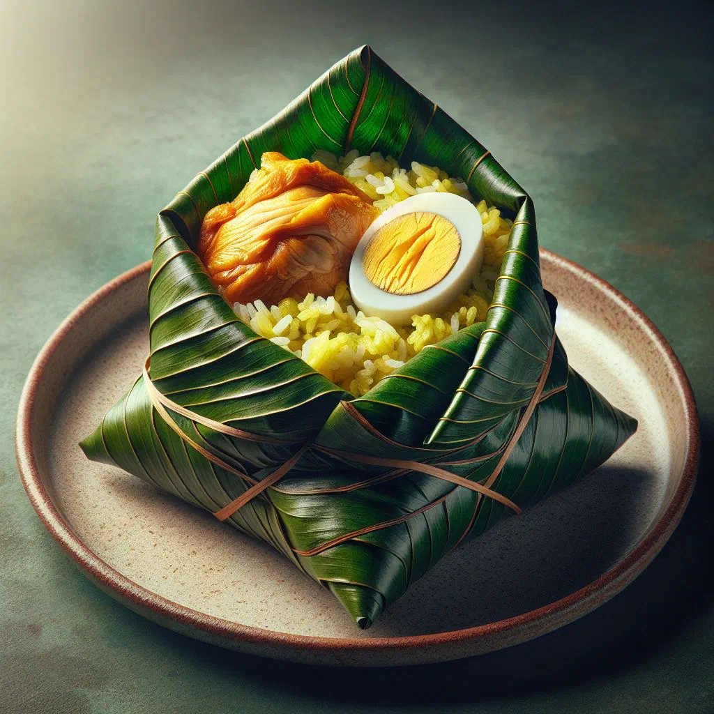 Juane de pollo unwrapped from its banana leaf, chicken and rice on a plate