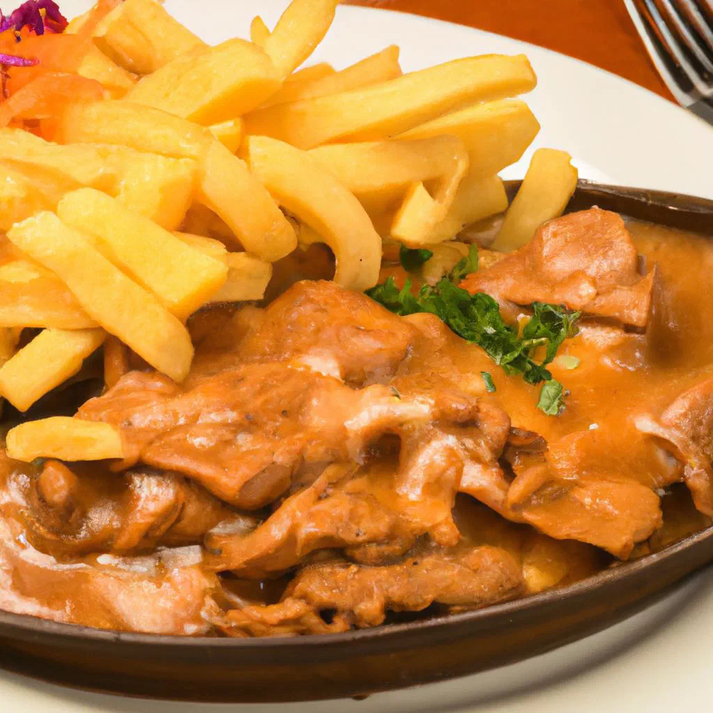 Peruvian lomo saltado with beef strips, onions and tomatoes served with rice
