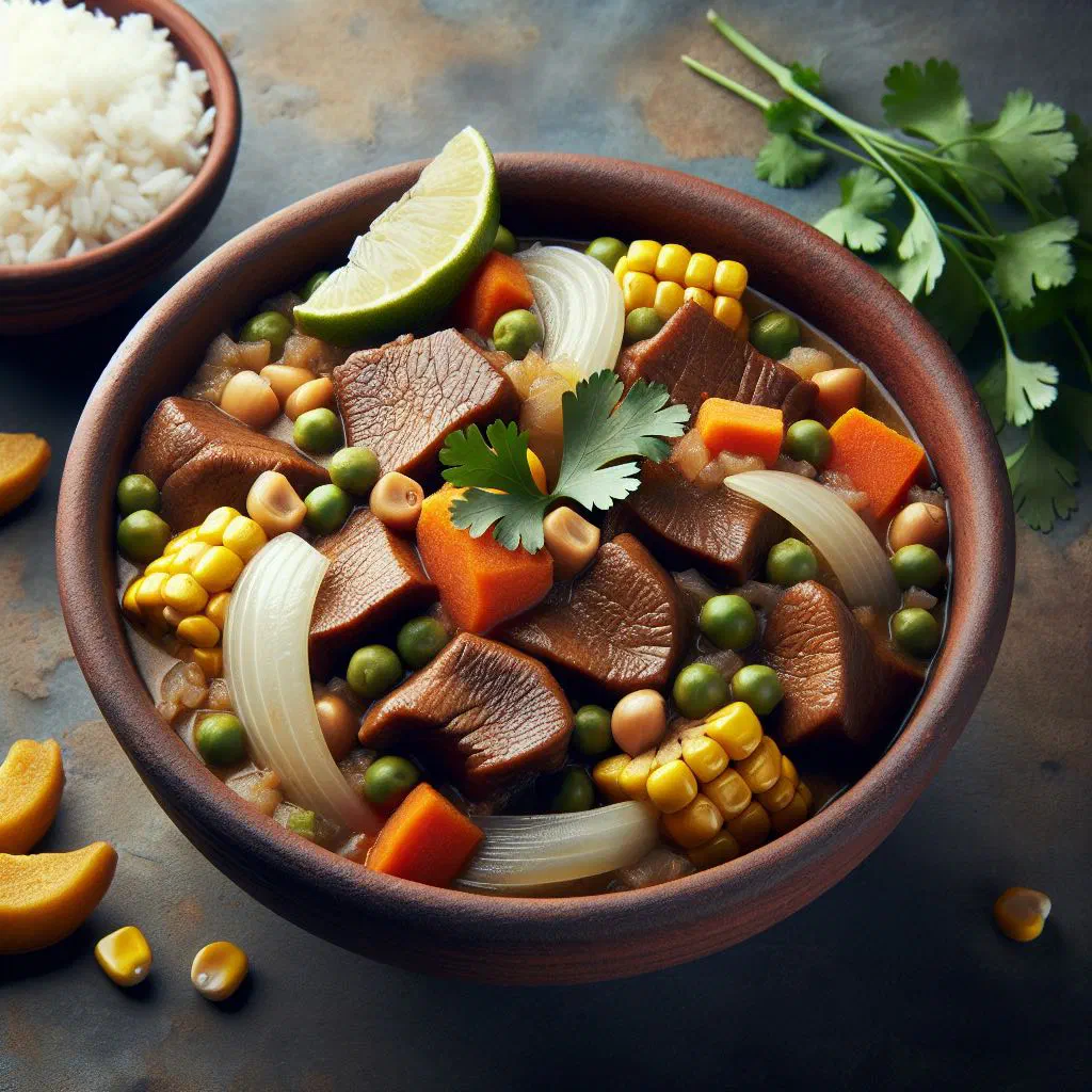 Bowl of Mondongo Arequipeño beef and offal soup with lime wedges