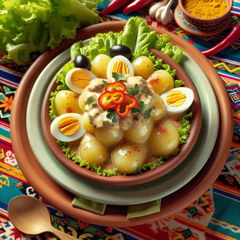 Sliced boiled potatoes topped with creamy peanut and herb sauce
