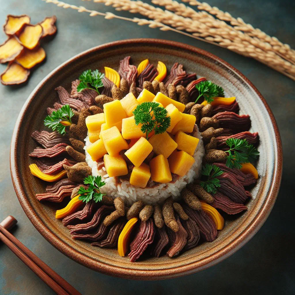 Olluquito con charqui stew with sliced Andean tubers and dried beef