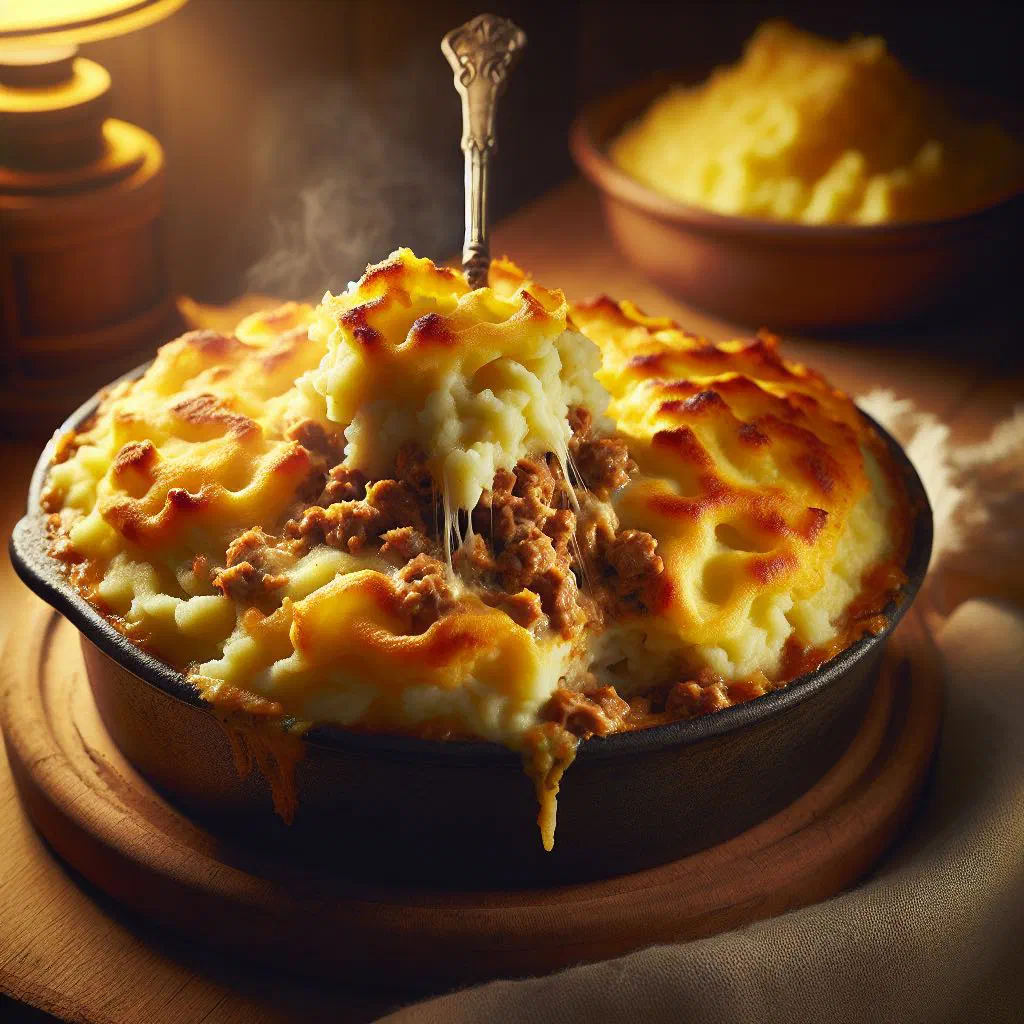 Golden potato and beef bake sliced and served on a plate
