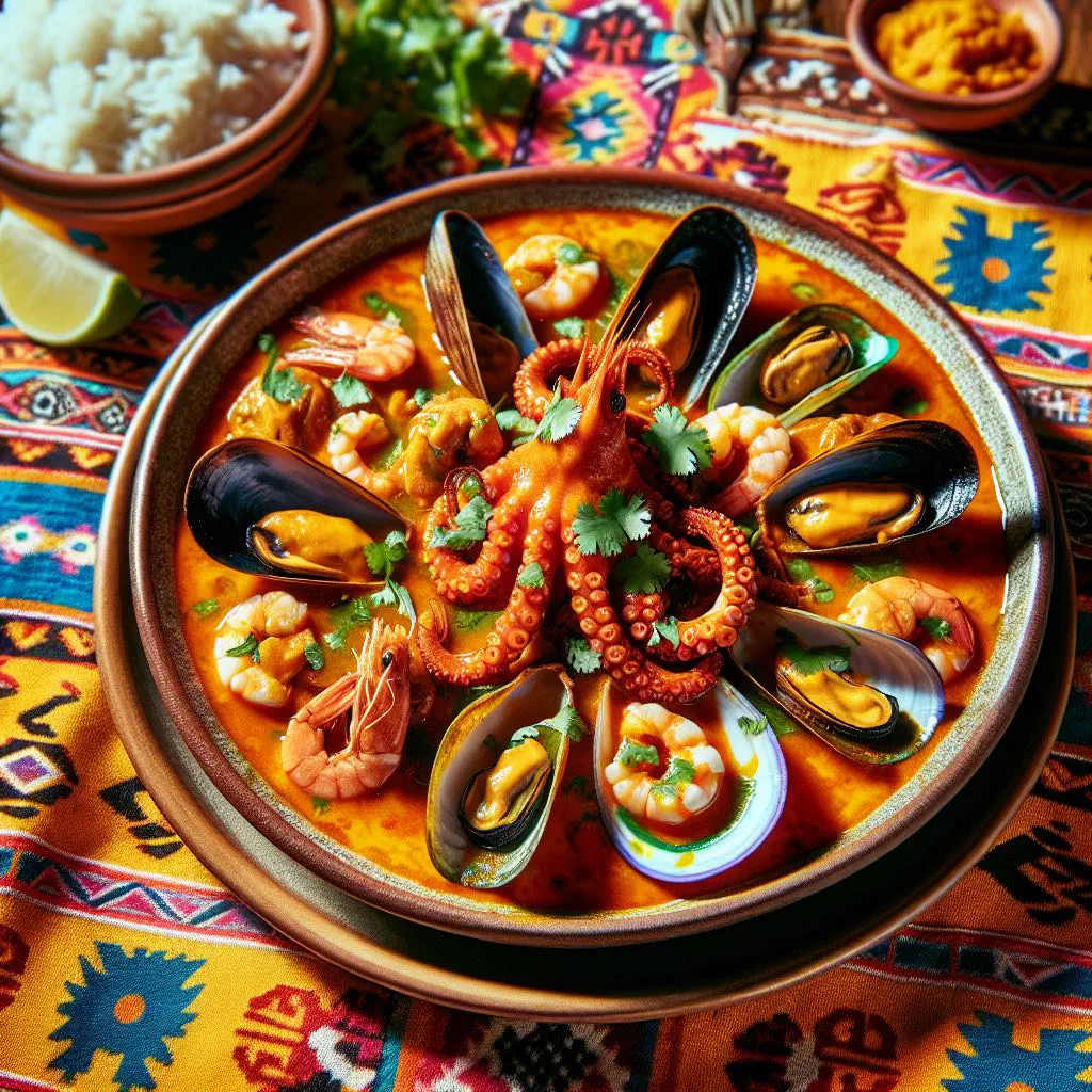 Peruvian picante de mariscos with prawns, squid and mussels in a spicy sauce