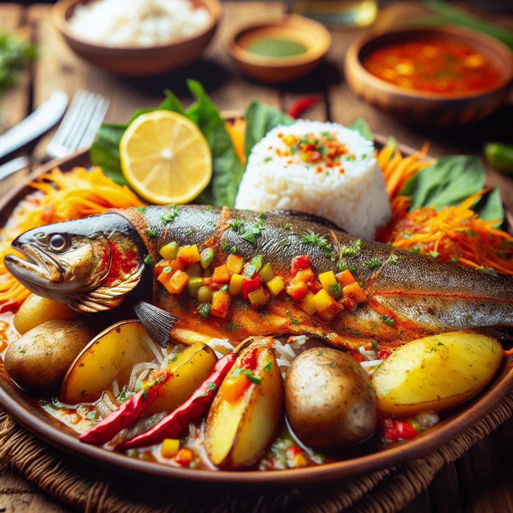 Spicy Peruvian trout fillets in a red pepper and chilli sauce, garnished with coriander