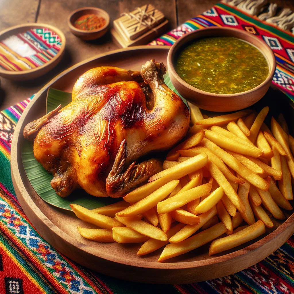 Peruvian pollo a la brasa with golden crispy skin, chips and ají sauce