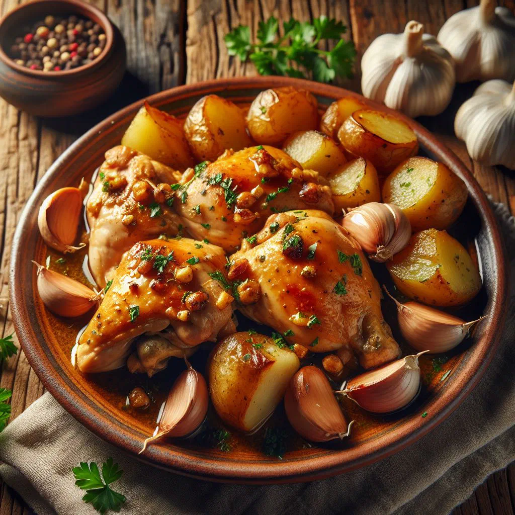 Golden chicken pieces in garlic and chilli sauce garnished with fresh herbs