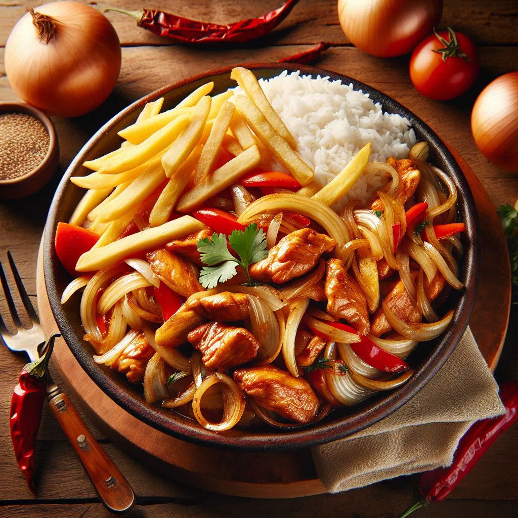 Pollo saltado with stir-fried chicken, onions, tomatoes and crisp chips