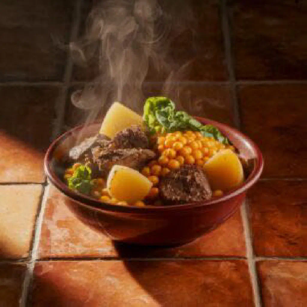 A hearty bowl of Puchero Peruano with beef, chicken and vegetables