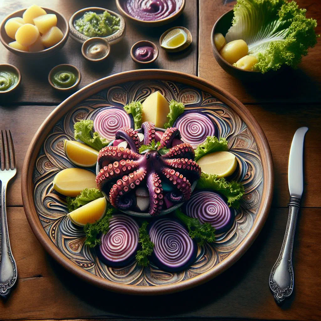 Sliced octopus topped with a creamy purple olive sauce