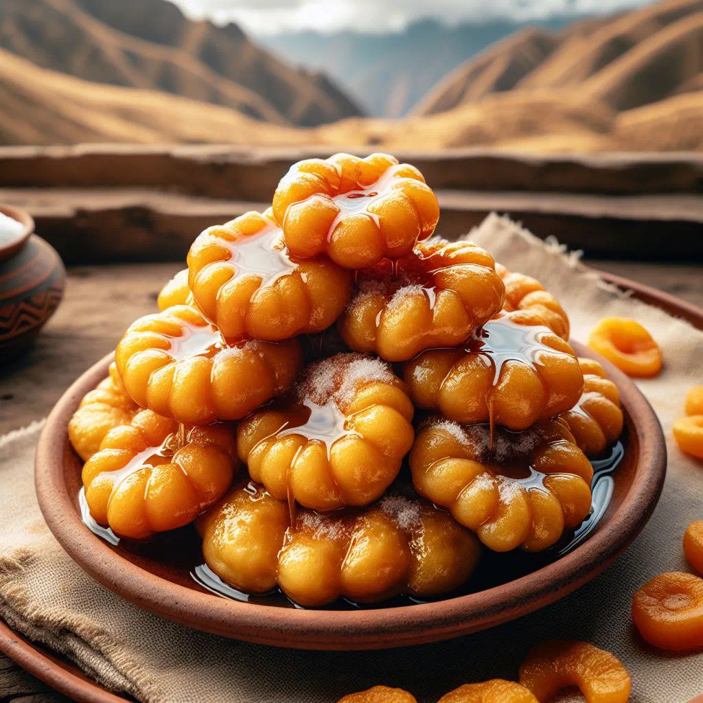 Golden pumpkin picarones drizzled with dark molasses syrup