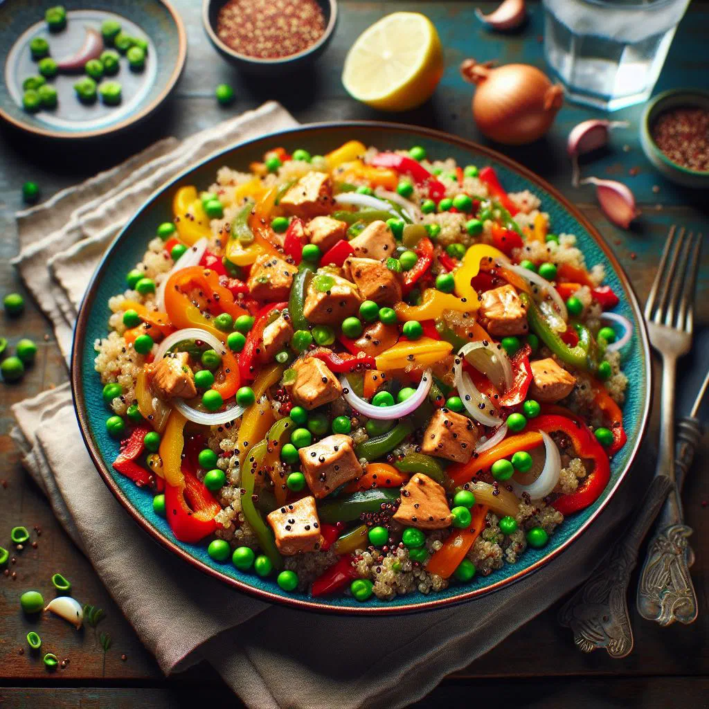 Quinoa chaufa stir-fried with colourful vegetables and spring onions