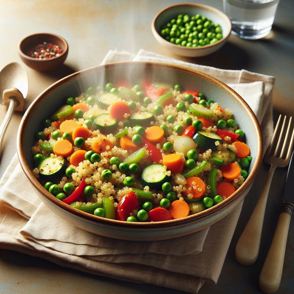 Bowl of fluffy quinoa tossed with colourful diced vegetables and fresh herbs