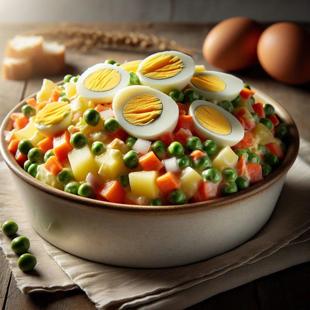 Creamy ensalada rusa with diced potato, carrot and peas garnished with parsley