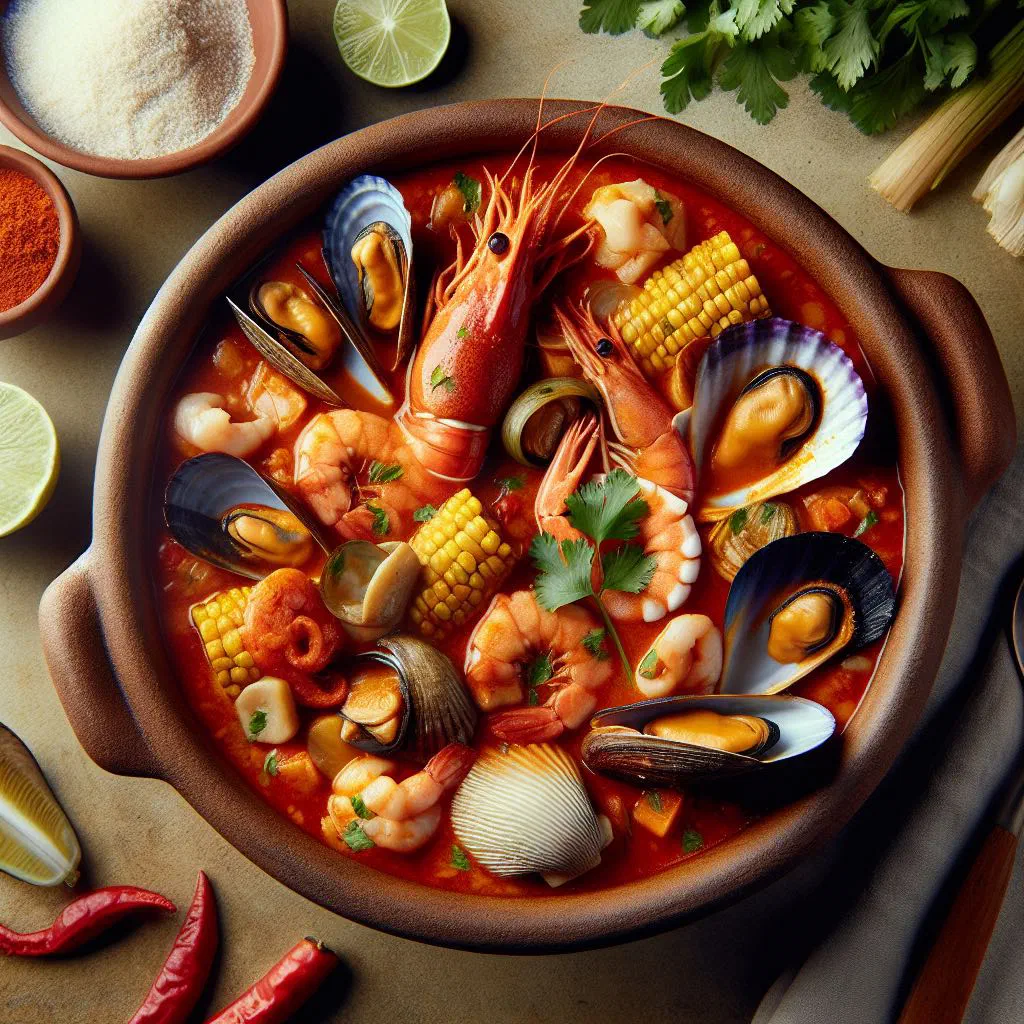 Peruvian seafood sudado in a rich tomato broth served with rice
