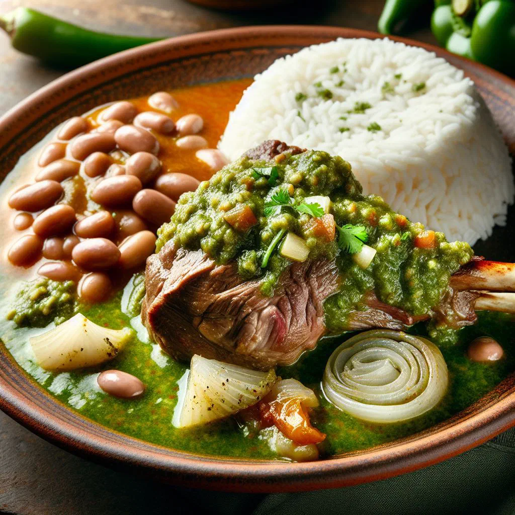Peruvian seco de cordero lamb stew served with rice and beans