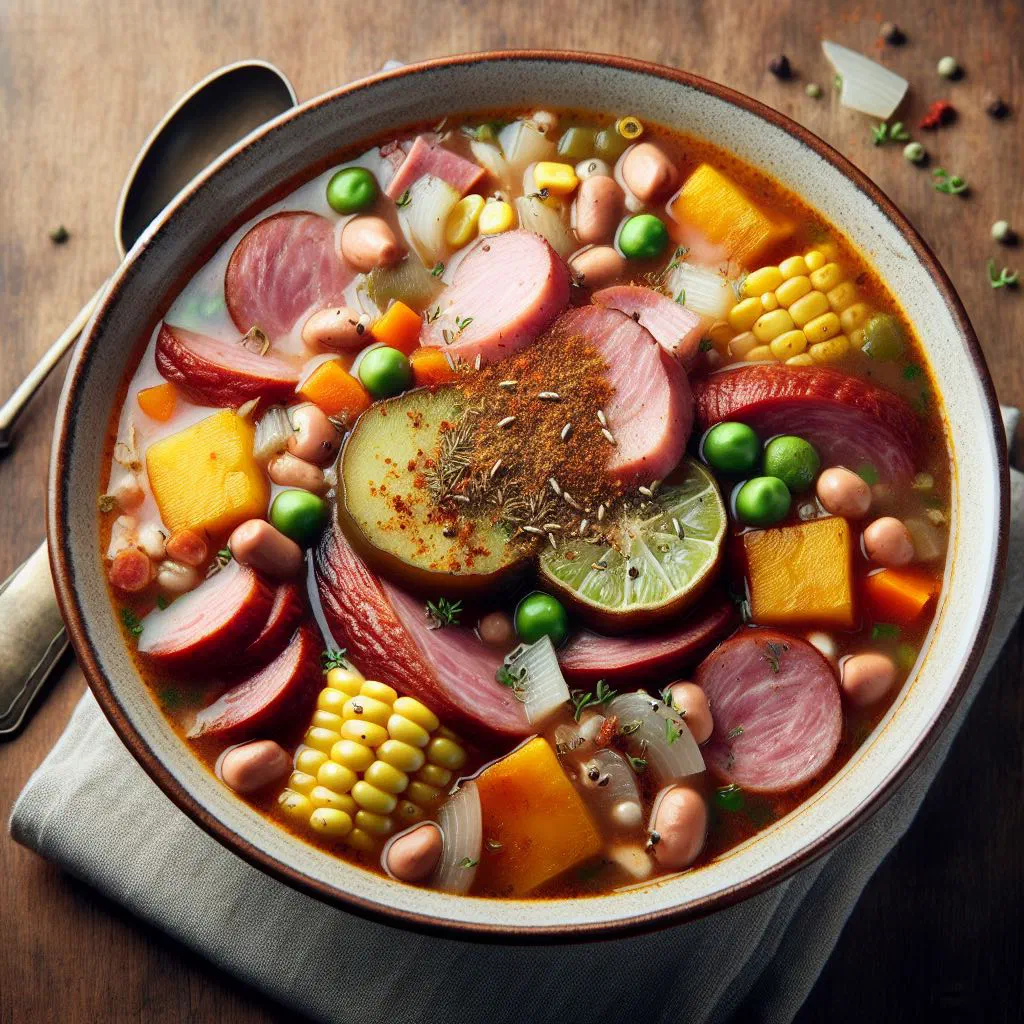 Bowl of hearty Peruvian shambar soup with beans, beef and fresh herbs
