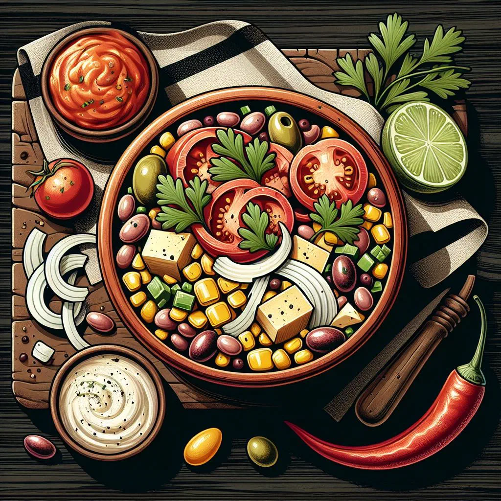 Colourful Solterito Arequipeño salad with quinoa, cheese, tomato and olives