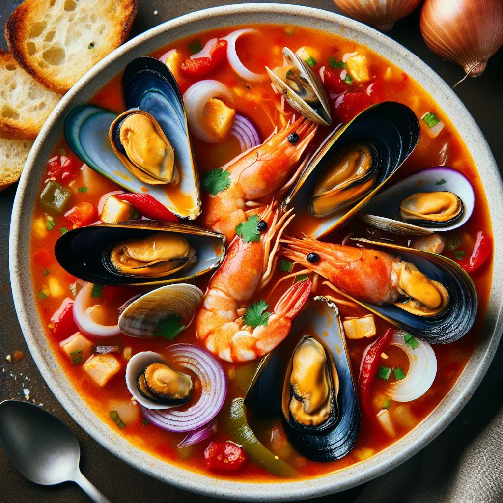 A steaming bowl of Peruvian seafood soup with prawns, mussels and fresh coriander
