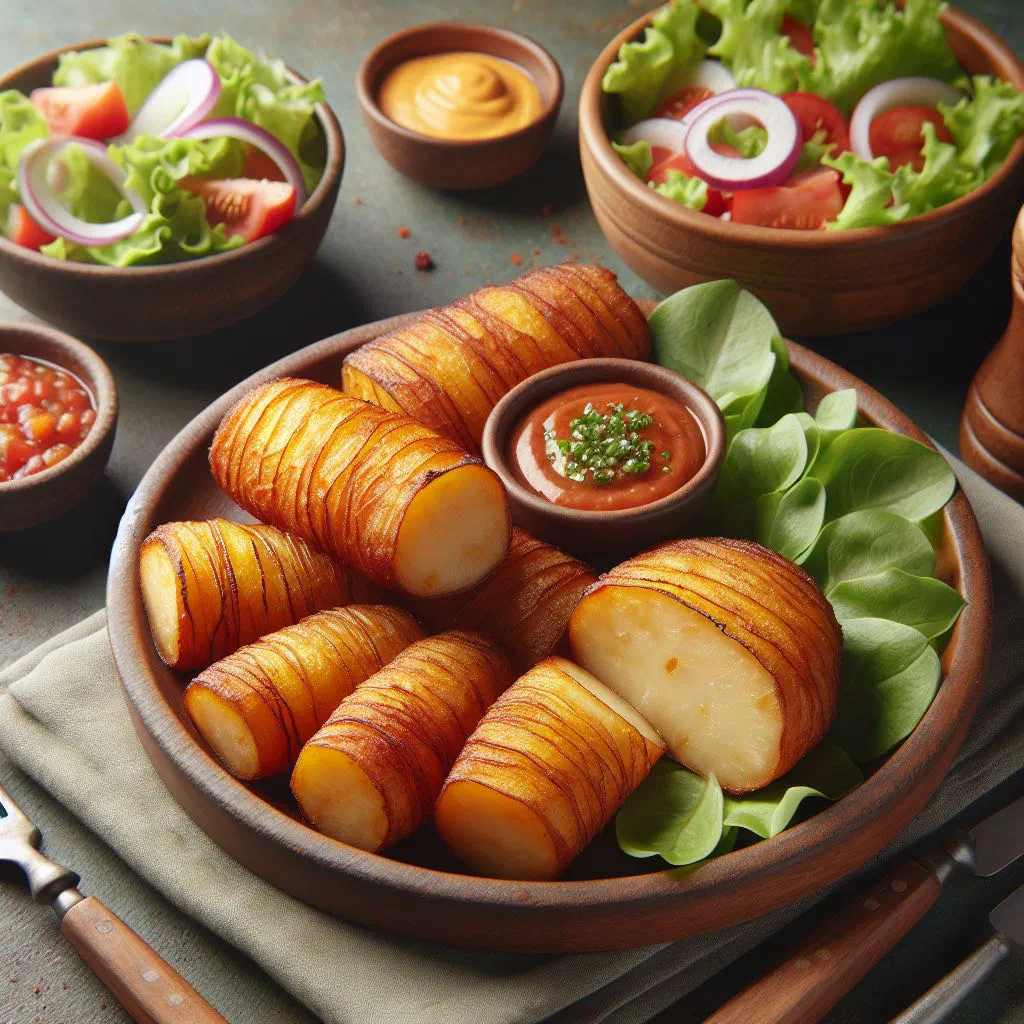 Golden baked stuffed yuca topped with melted cheese