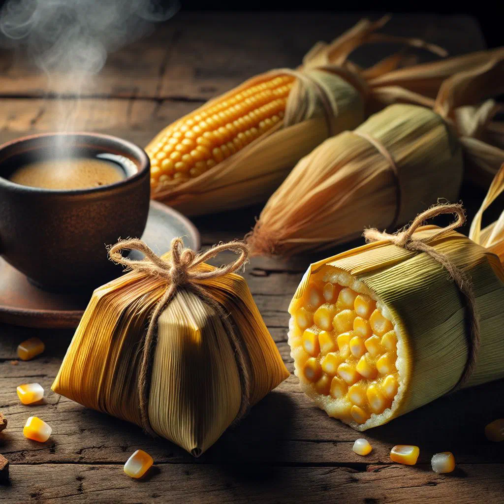 Sweet Peruvian humitas wrapped in corn husks, dusted with cinnamon