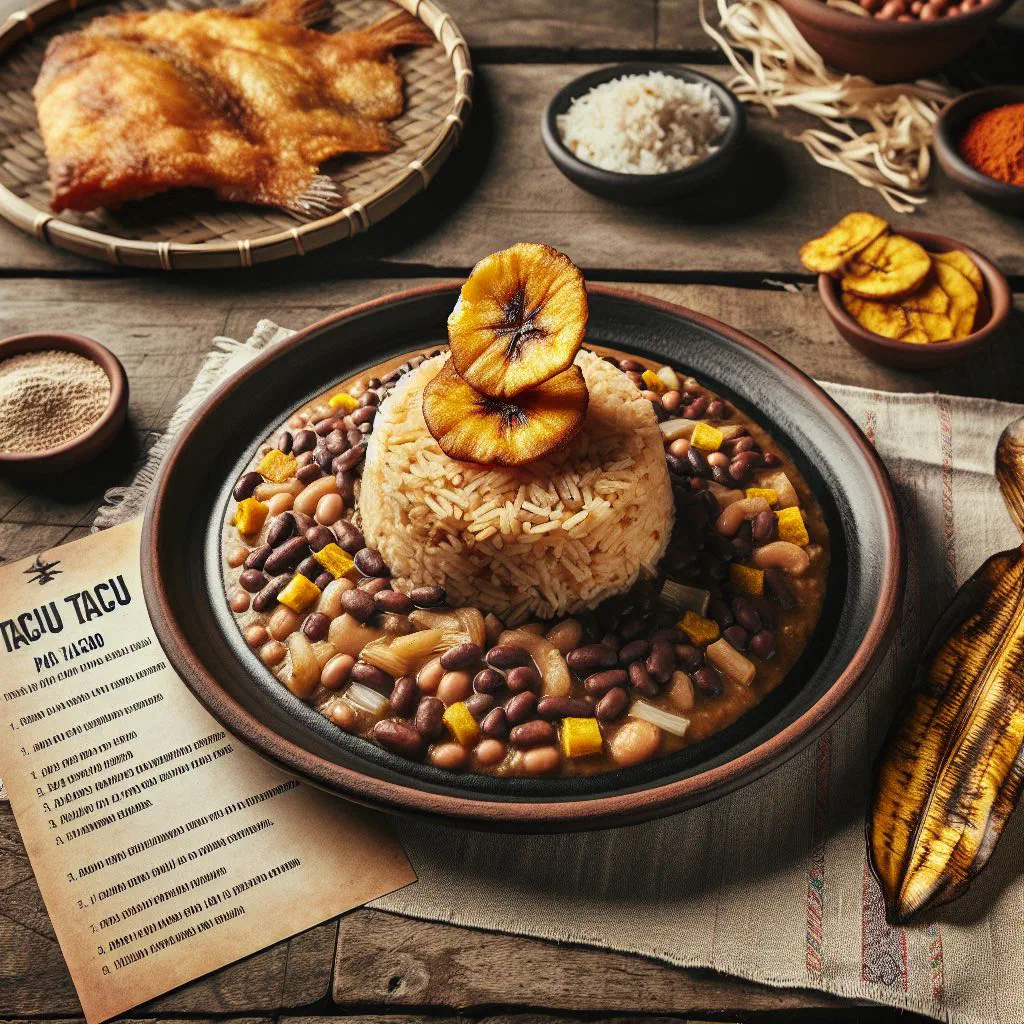 Golden, pan-fried tacu tacu patty of rice and beans