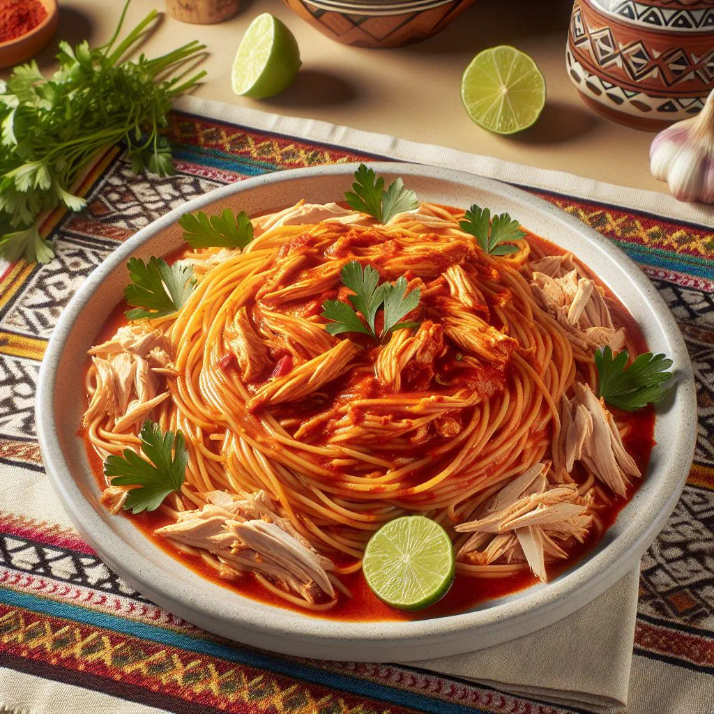 Plate of tallarines rojos pasta coated in a bright red tomato sauce