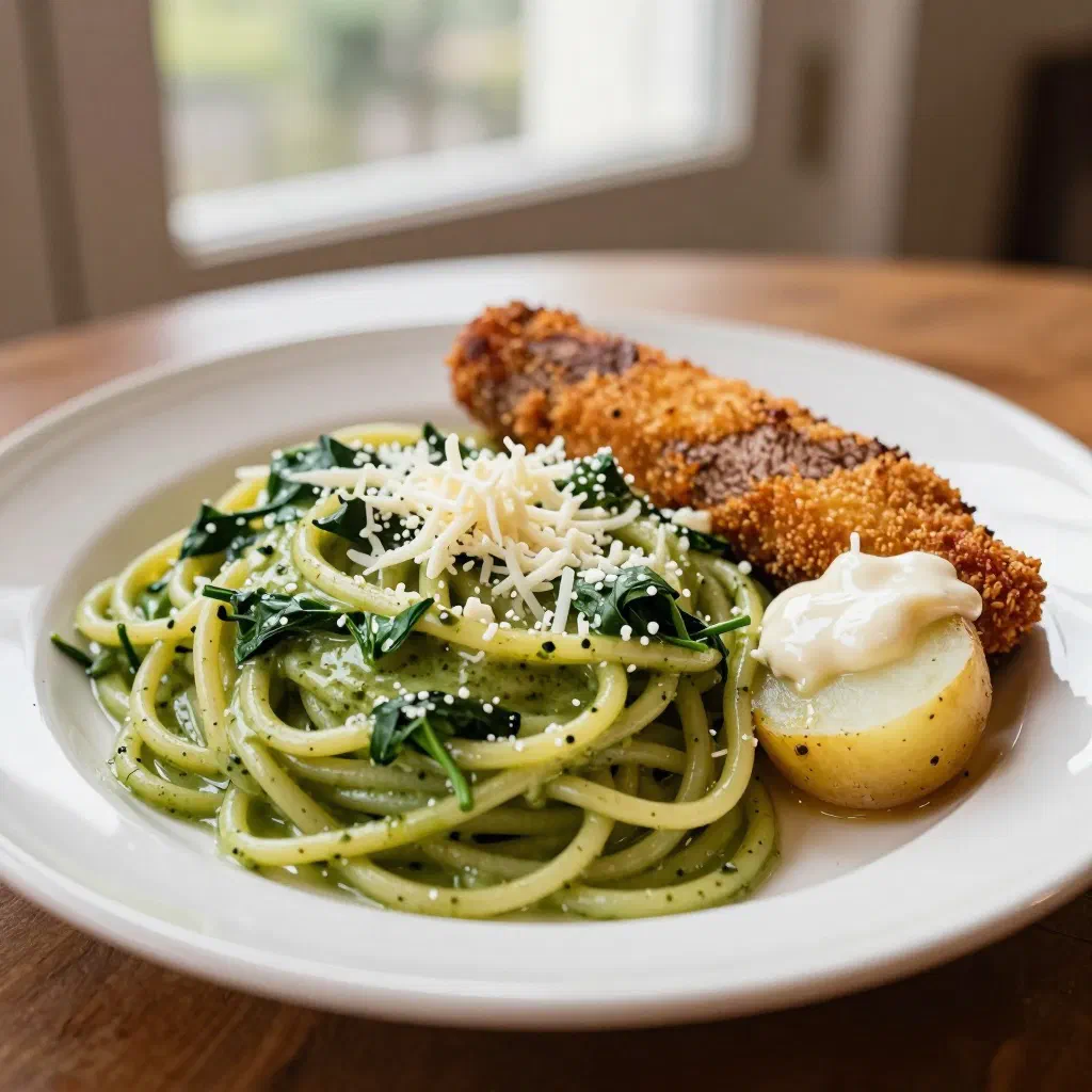 Plate of tallarines verdes pasta coated in a creamy green spinach and basil sauce